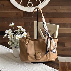 Coach Campbell Belle Tan Leather Shoulder Tote with Scarf